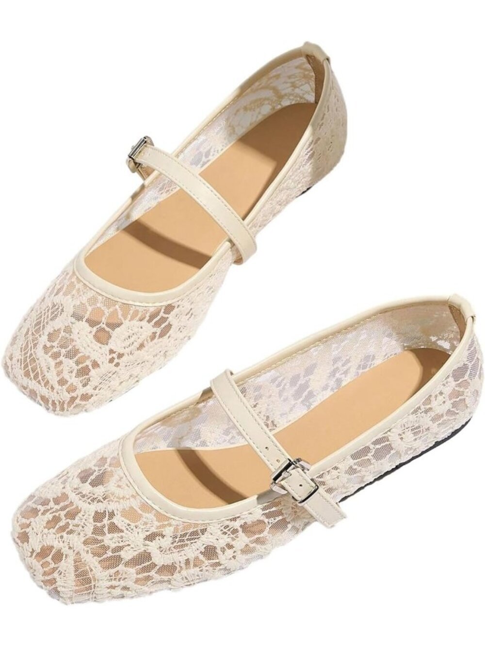 Women's Lace Mesh Ballet Flats Shoes White Square Closed Toe Shoes Summer Flat